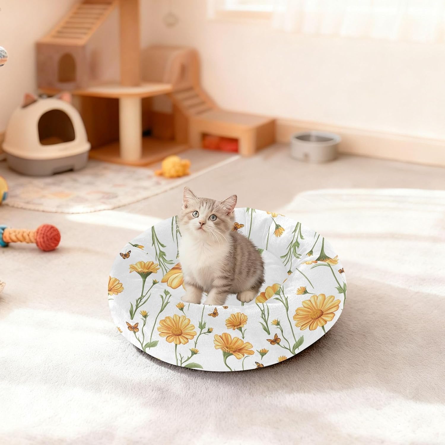 Pet Dog Bed Anti-Slip Fluffy Dog Pillow Bed for Medium Size Pets Supplies M Sweet Calendula White