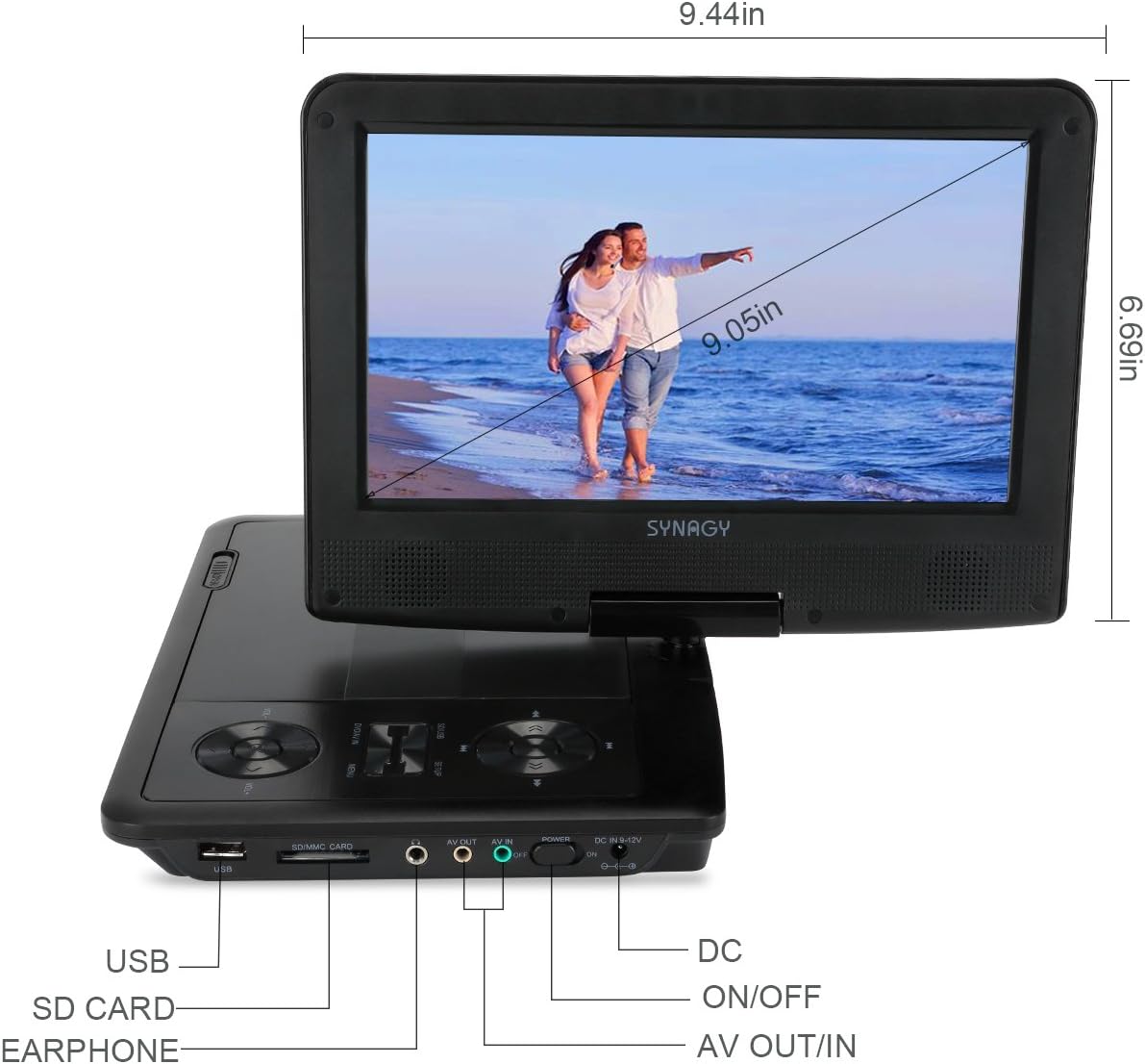 9.5 inch Dual Screen Portable DVD Player,DVD Player for car,1024x800 HD LCD Screen,USB/MMC/SD Card Readers,Built-in 5 Hours Rechargeable Battery,Stereo Sound, Regions Free,AV Out & in(Black)