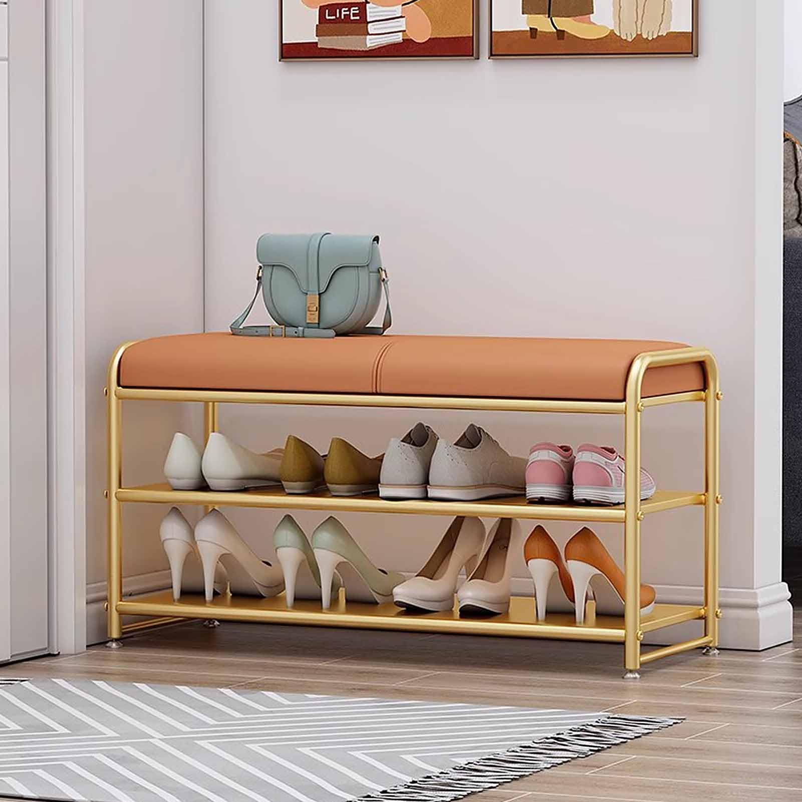 SXZenSpace Shoe Bench, 3-Tier Rack Shelf Organiser with Padded Cushion Seat, Metal Frame, for Entryway, Hallway Living Room Accent Furniture