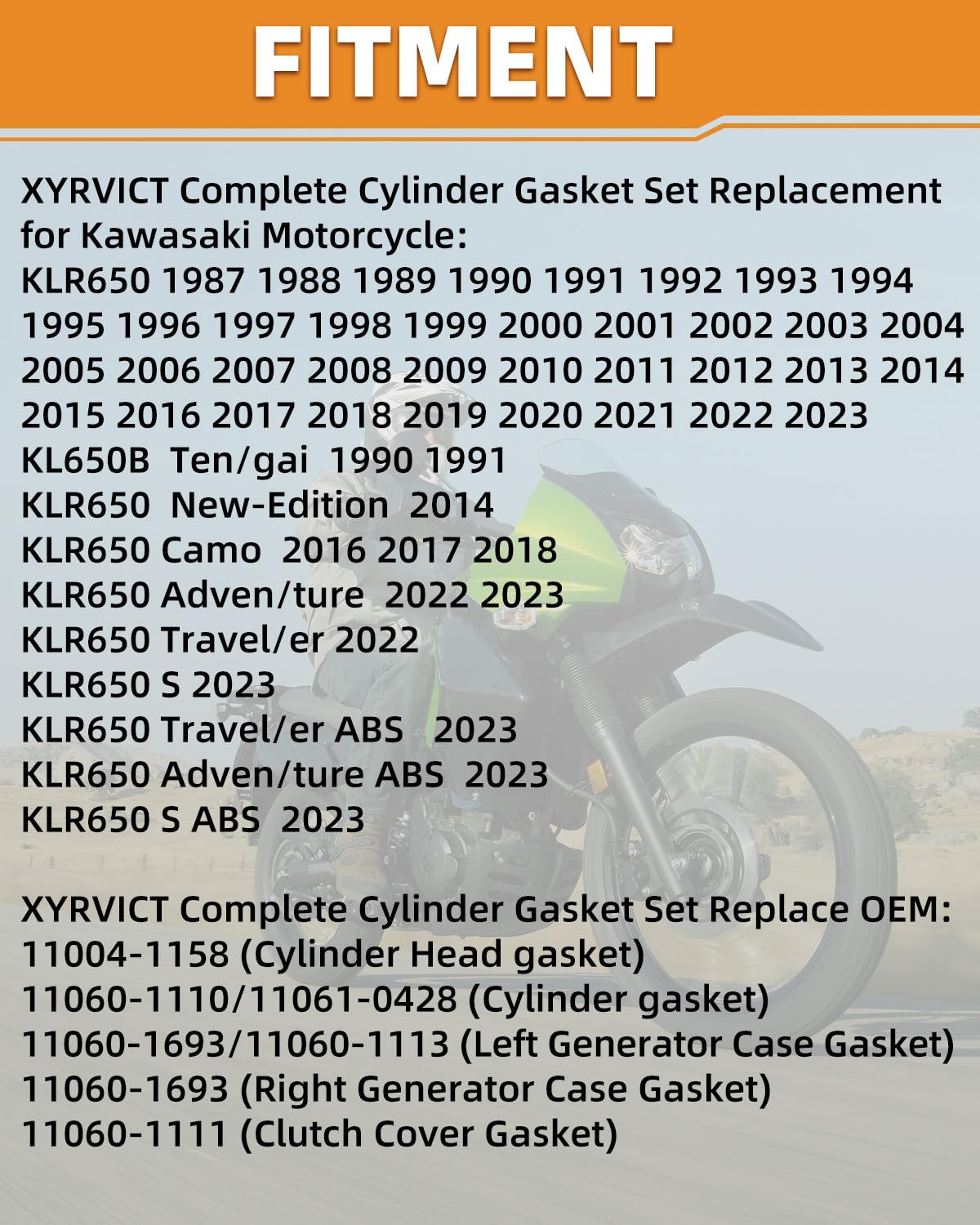 Gasket Kit for Kawasaki KLR 650 KLR650 2007 2017 1987-2023, for KL650 1990 1991, OEM# 11060-1110, 11060-1113, 11060-1693, 11004-1158
