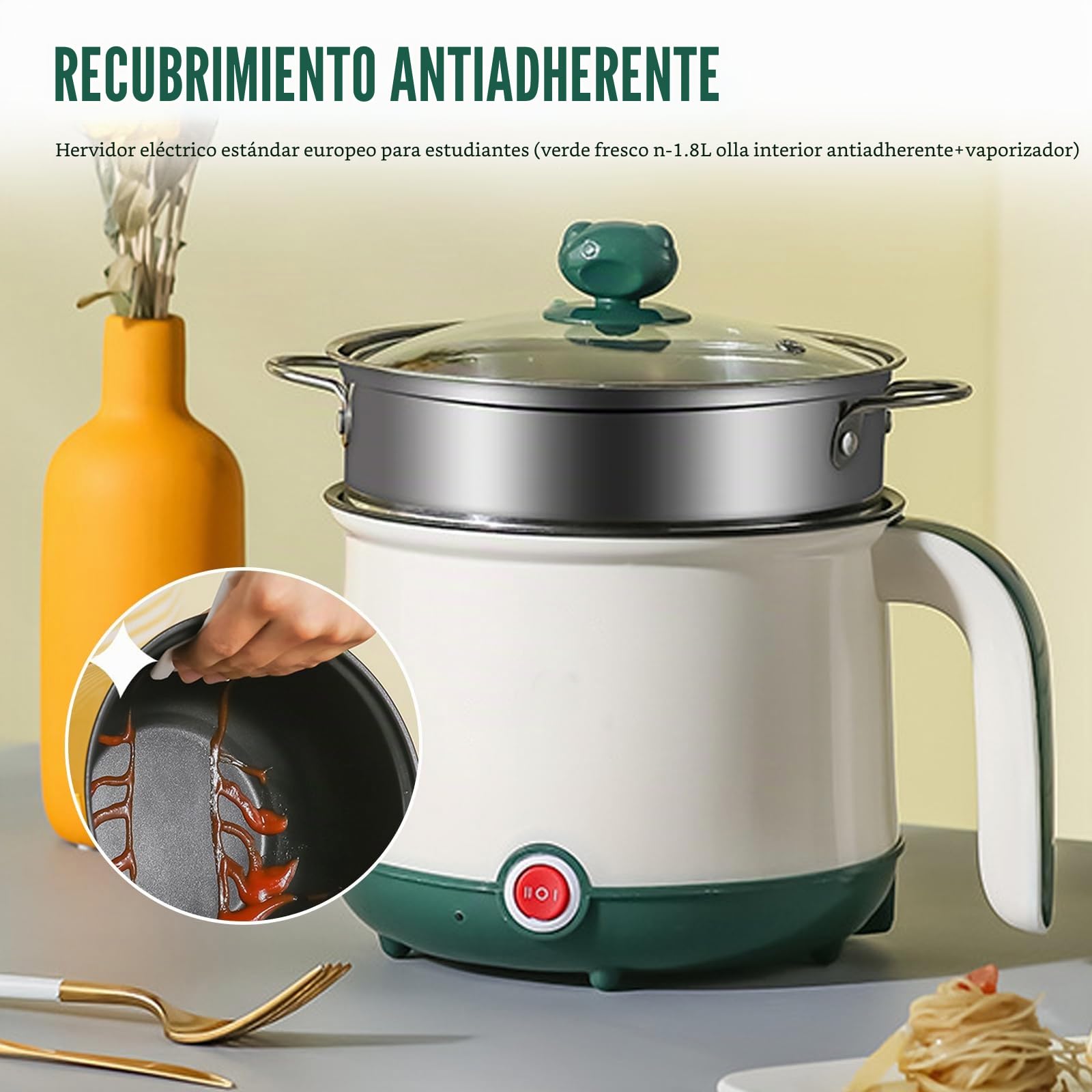 Olla Eléctrica, 1.8 L Olla Caliente Eléctrica Y Vaporizador, Cocina Eléctrica De Pasta, Mini Olla Antiadherente Multicocina Para Filetes, Fideos, Sopa, Huevo, Avena, Ramen, Pasta