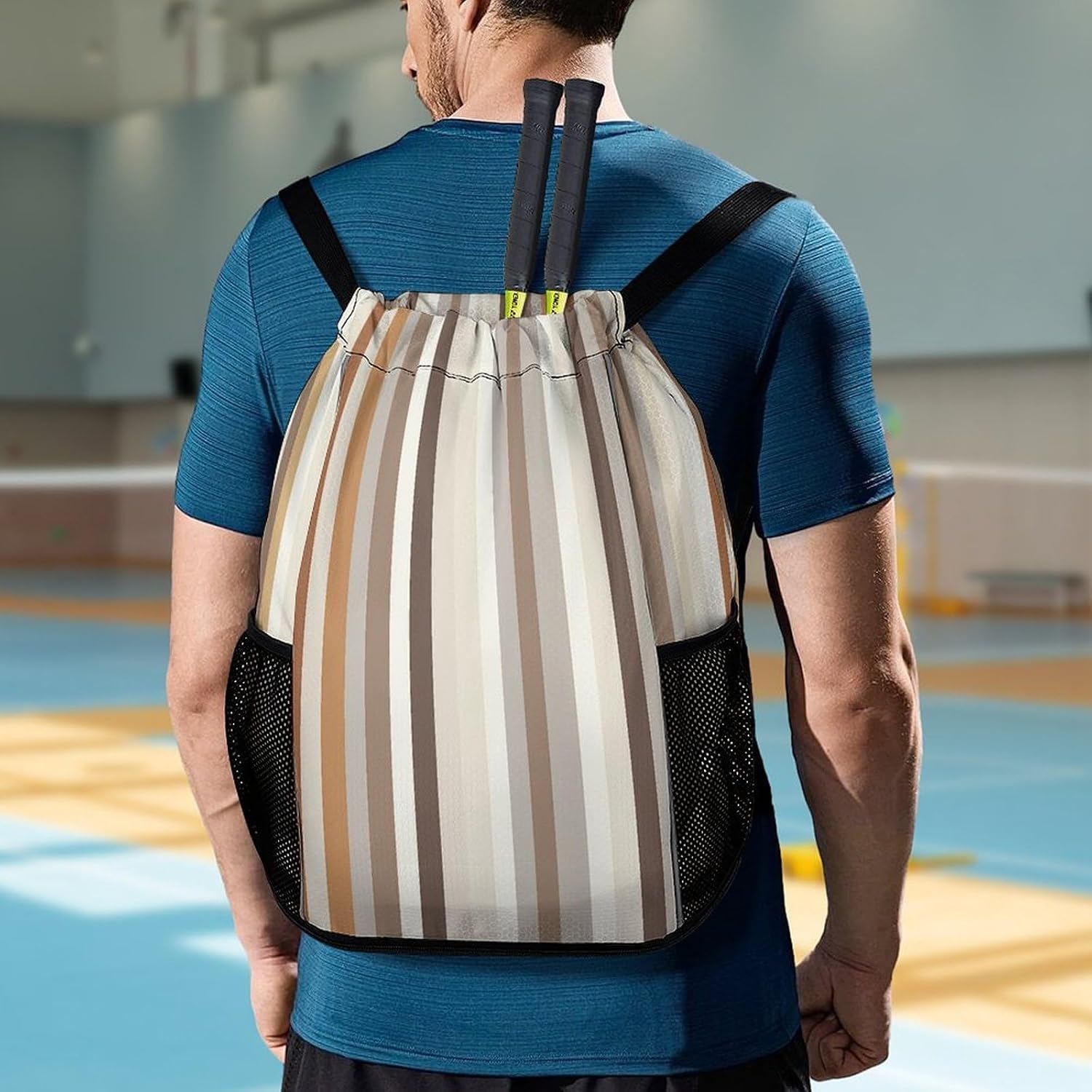 Brown And Gray Drawstring Backpack with Wet Pocket - Large Capacity Gym Bag with Shoe Compartment & Mesh Pockets, Adjustable Lightweight Gym Backpack for Swimming, Travel, Workout