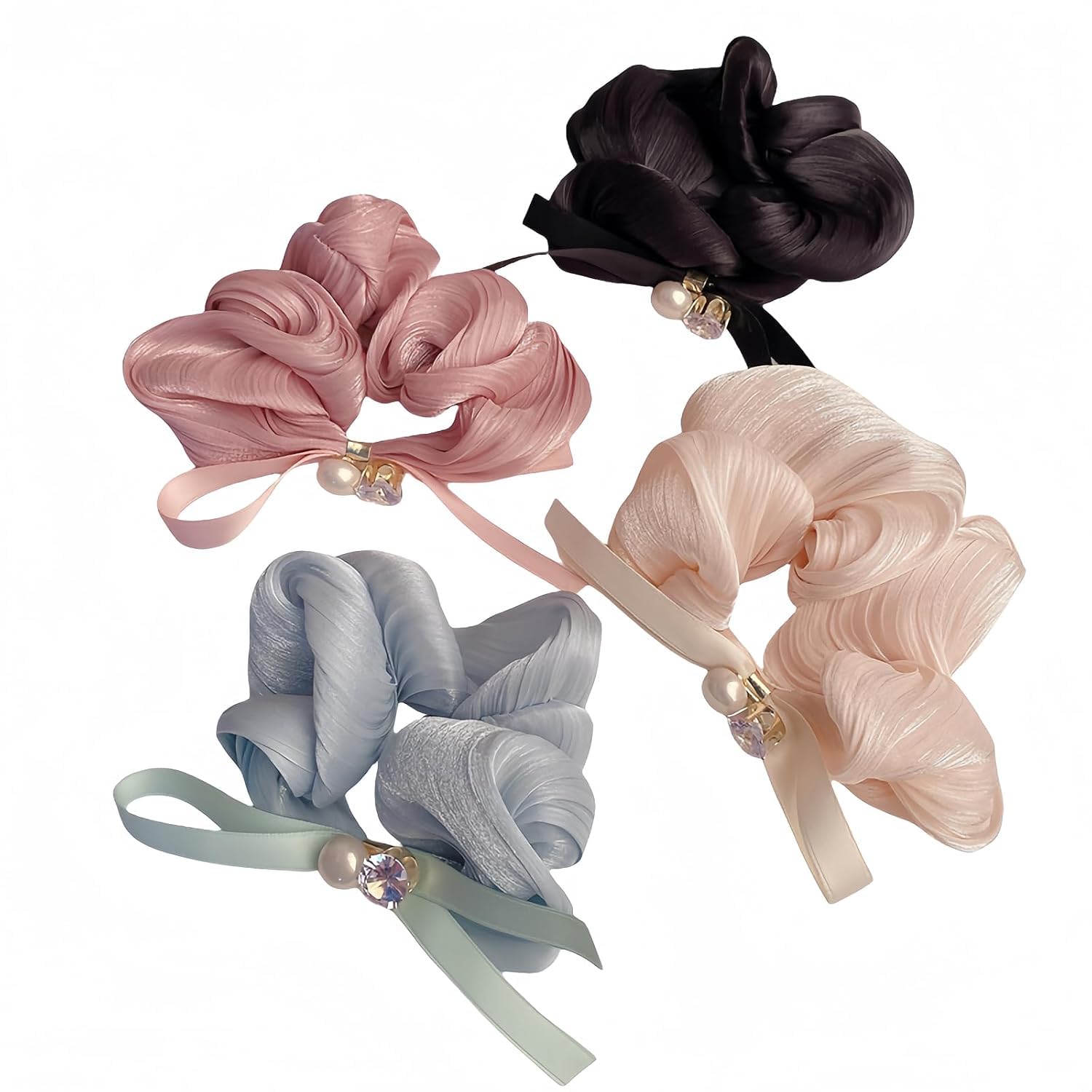 Haargummis, Satin-Haargummis, Seiden-Haargummis, Haarringe für Zöpfe, 4 Stück, Haargummi, Haargummi, Damen, Rosa, Blume, Perlen, hoher Pferdeschwanz
