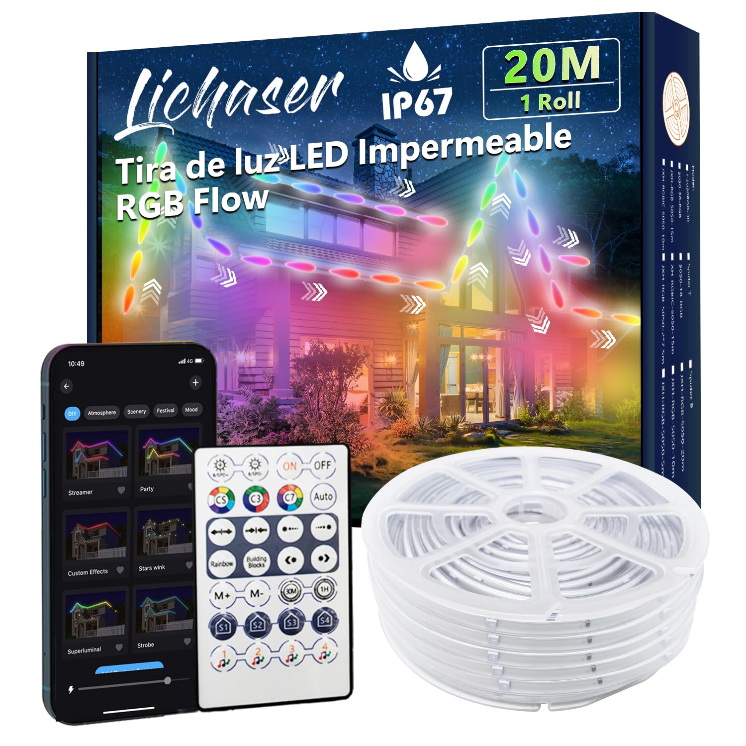 Lichaser Tira LED Exterior Impermeable DIY IP67 RGB+IC, Seguimiento, Segmentación de Tiras LED con Aplicación BT y Control Remoto RF Para uso en Exteriores (20m)