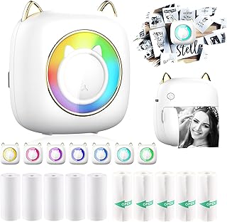 Mini Pocket Printer Portable Thermal Printer with LED,10 Rolls Printing Paper for Android or iOS APP, Bluetooth Inkless Printer Gift for Kids, Friends, Used in Home, Office, Study, Work List Printing