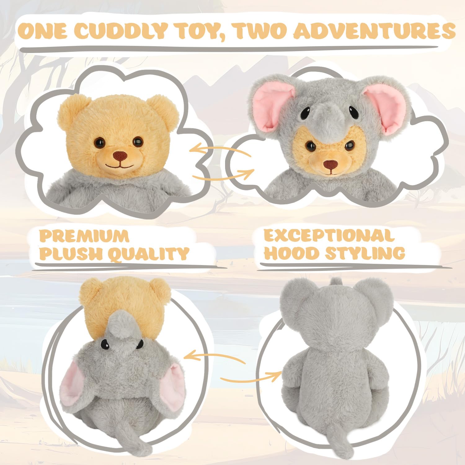 BRUBIES Teddy Elephant, 10 inches (25 cm) Teddy Bear in Elephant Costume with Hood, Cuddly Toy for Cosy Adventures - Image 3