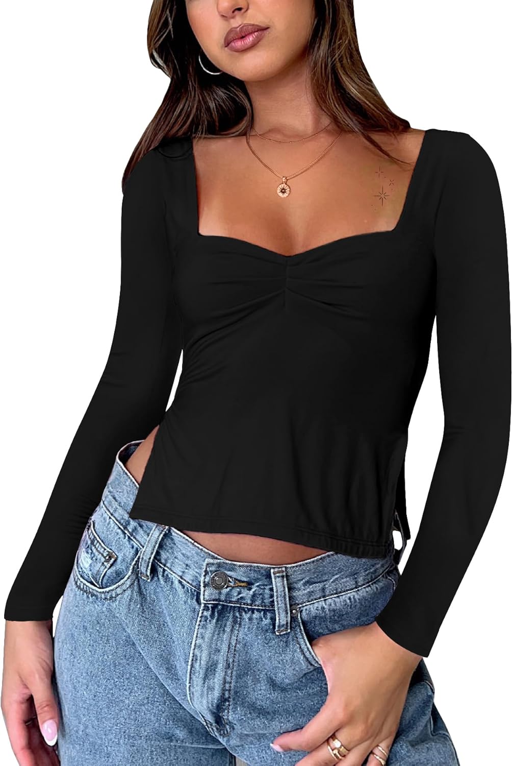 Women's Sexy Square Neck Long Sleeve Crop Tops Ruched Front Split Side Going Out Top Shirts - Image 4