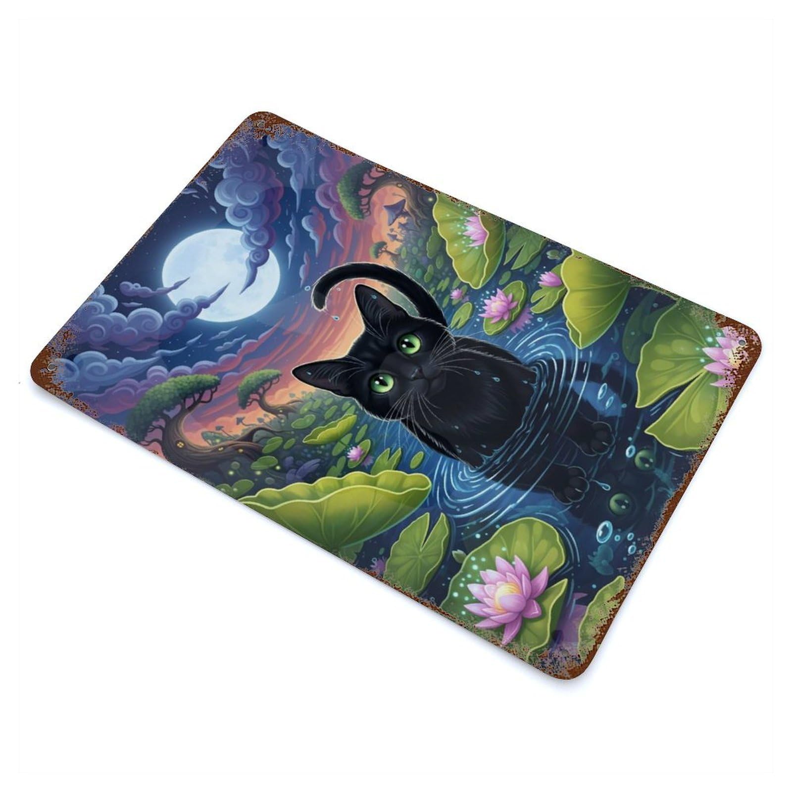 Rusty Metal Tin Sign with Black Cat in Lily Pond Design 11.8"x7.9", for Shed, Workshop And Garage Wall Decor, Classic Wall Plaque