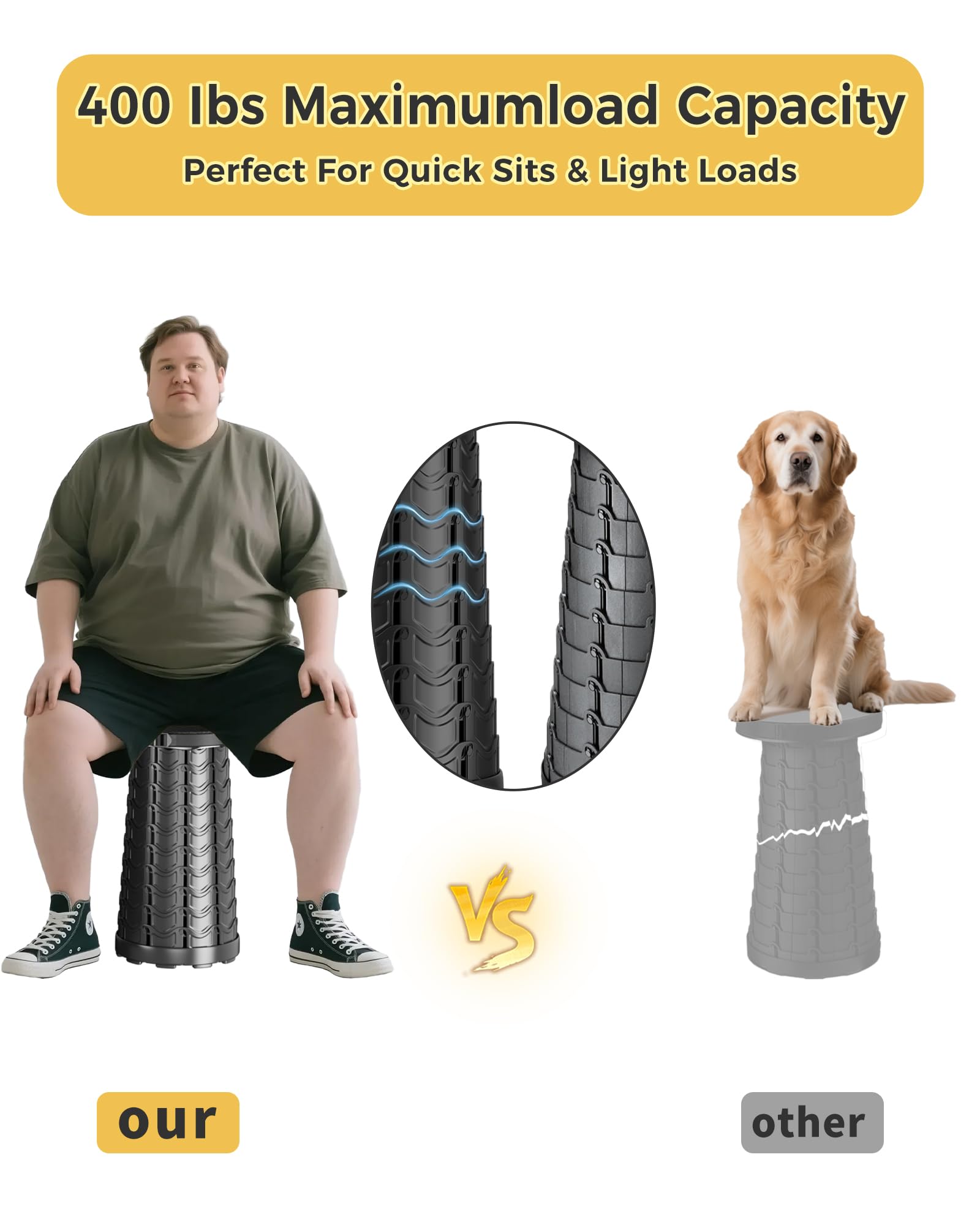 Upgraded Collapsible Stool with Detachable Cushion & Waterproof Bag - 400lbs Heavy Duty Portable Folding Stool for Adults, Telescoping Camping Seat with Carrying Straps for Fishing Hiking Travel BBQ