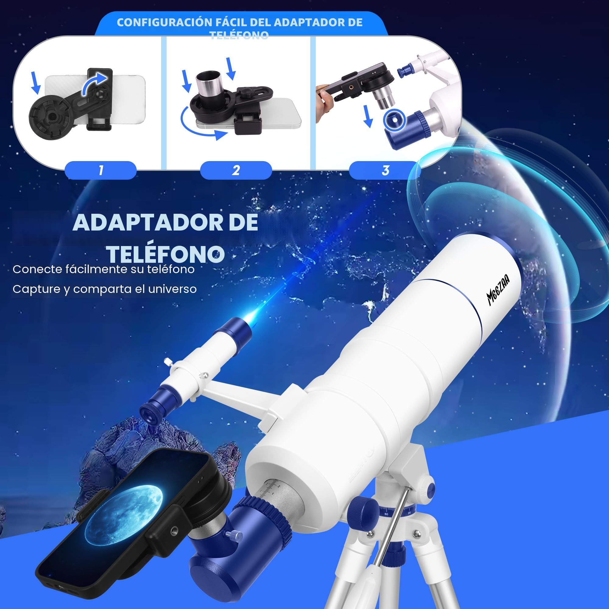 MEEZAA Telescopio, Telescopio Astronómico Adultos Profesional, 90/550mm Telescopios Refractor Portátil para Niños y Principiantes con Trípode, Filtro Lunar, Adaptador de Teléfono y Bolsa de Transporte