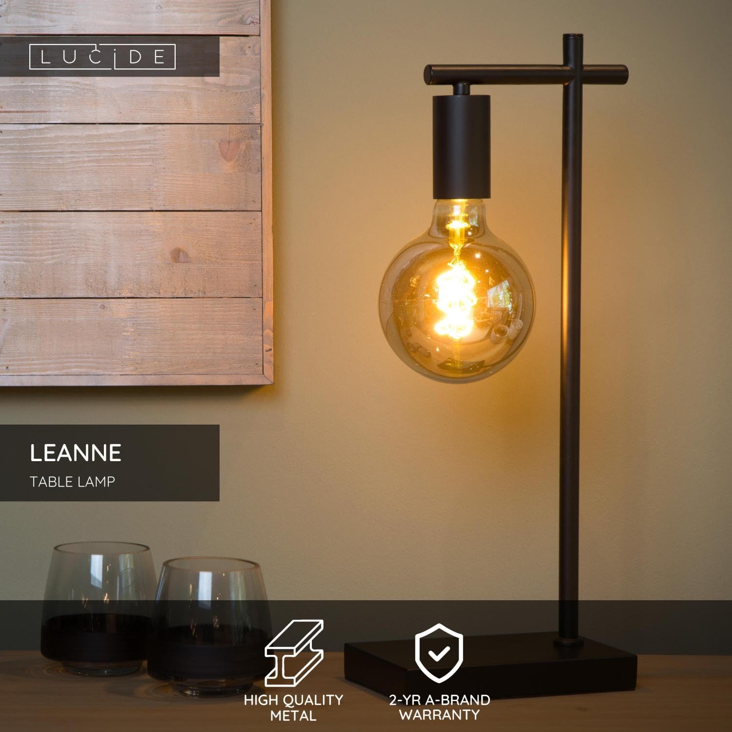 LUCIDE LEANNE Tischlampe – Schwarz, E27, Mit Kabelschalter