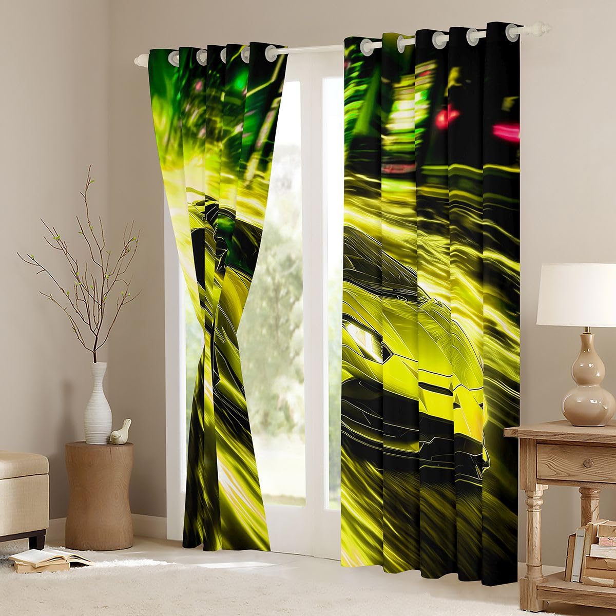 Homewish Żółte zasłony zaciemniające do sypialni, 117 x 183 cm, na przelotkach do salonu, dla miłośników sportów ekstremalnych, 2 panele, rozjaśniająca dekoracja