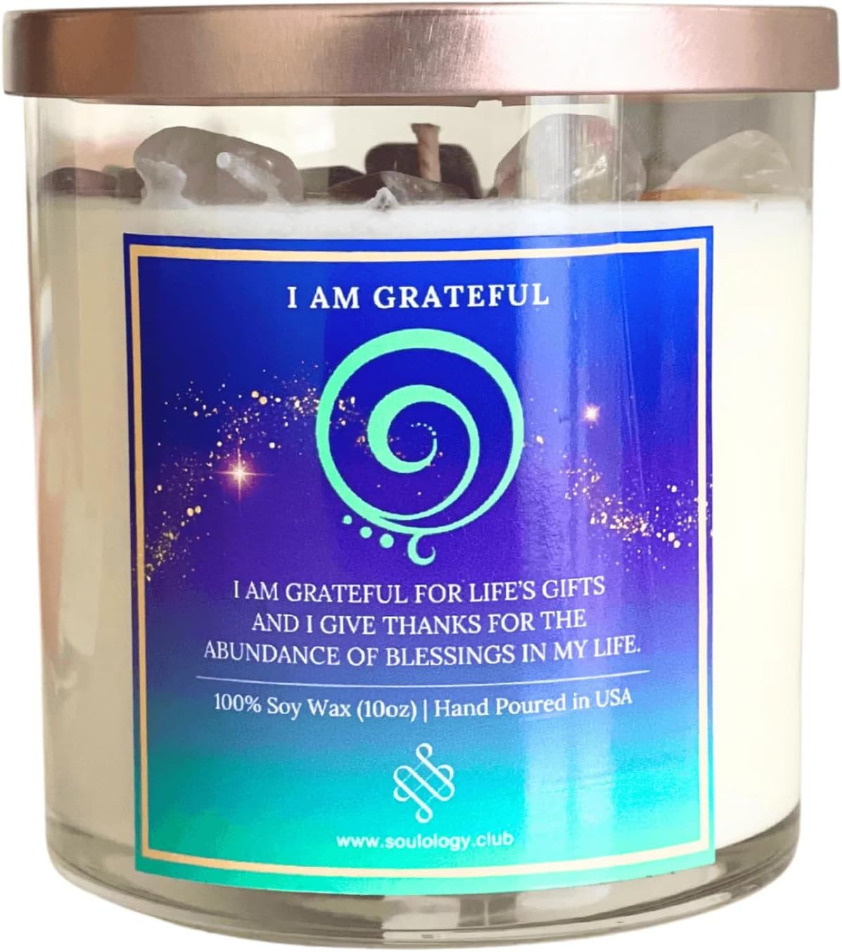 I Am Grateful Crystal Manifestation Candle 10oz, Handmade crystal candle, 100% Soy Wax & Phthalate-Free Fragrances, High Vibe Crystal Affirmation Candles, The Power of Gratitude, Candle Magic