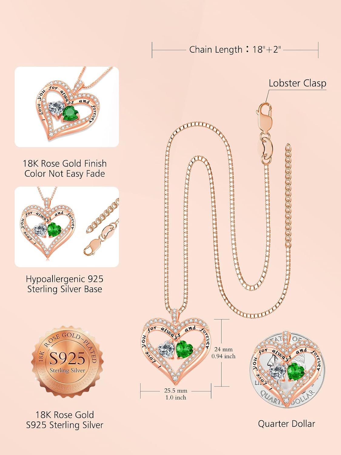 Heart Pendant Necklace I Love You for Always and Forever 12 Months Birthstone Necklace 18k Rose Gold Plated Double Heart Necklace Christams Valentine's Day, Mother's Day, Birthday