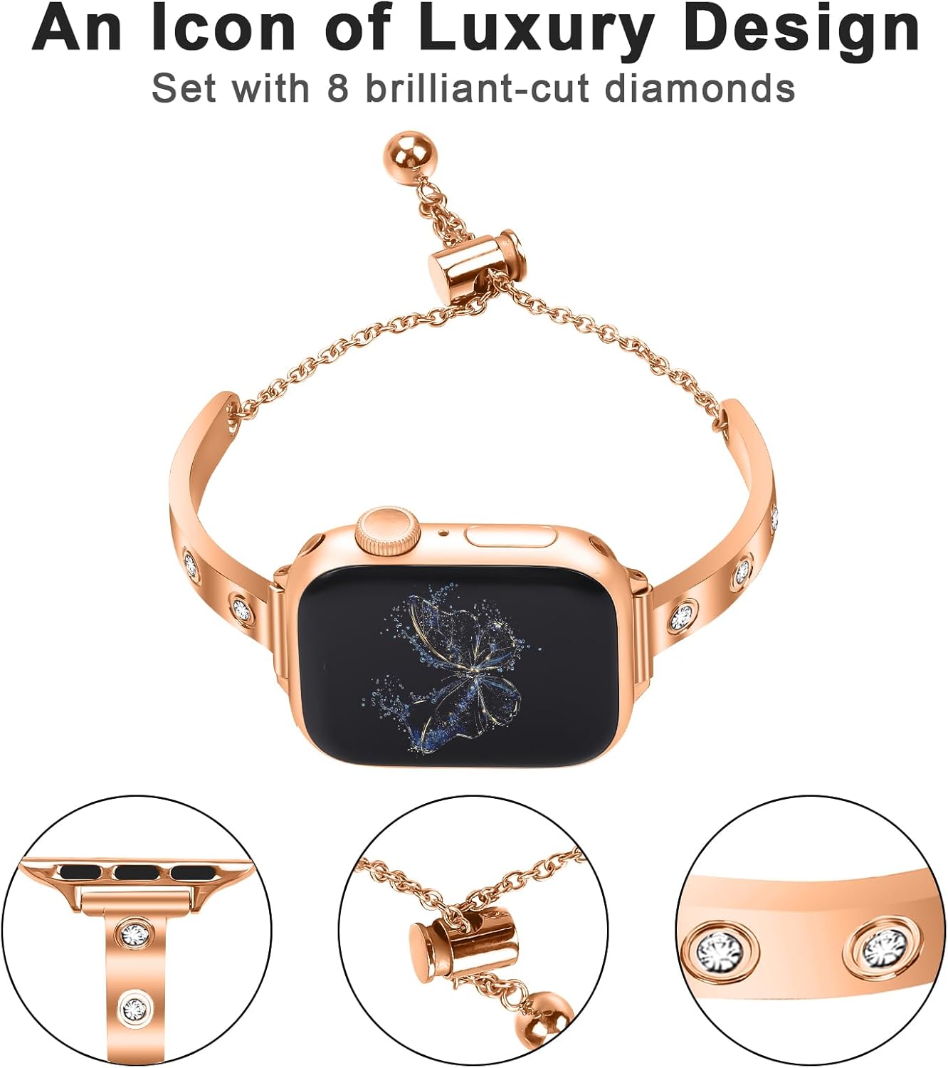 Stainless Steel Band Compatible with Apple Watch 38mm 40mm 41mm 42mm 44mm 45mm 46mm 49mm Pretty Luxury Strap with Sparkle Diamond, Dressy iWatch Bracelet, Bling Thin Band for Women - Image 4