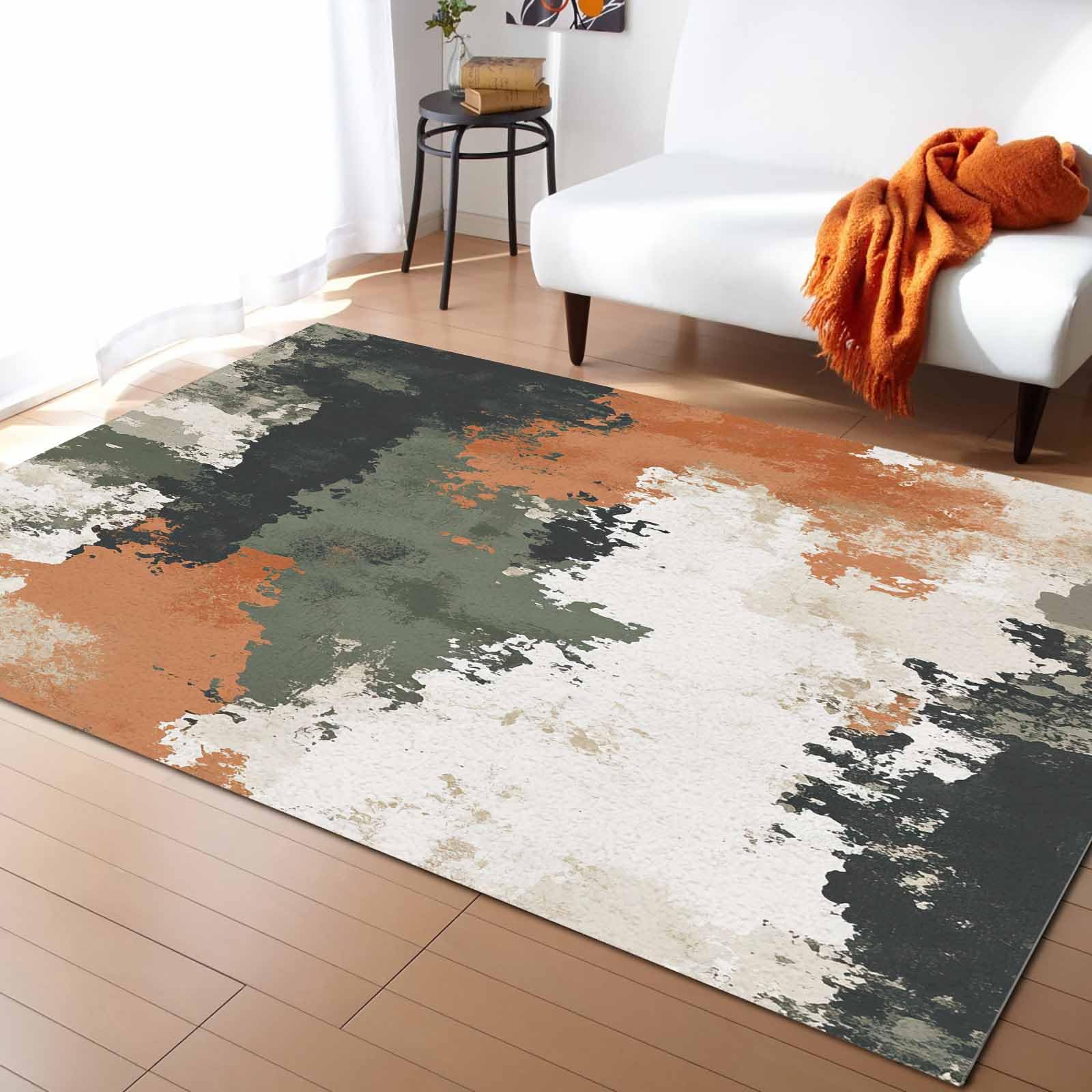 Vintage Sage Green Orange Large Rectangular Area Rugs 5' x 8' Living Room, Modern Abstract Art Non Slip Throw Rug Carpet Floor Mat for Bedroom Bedside