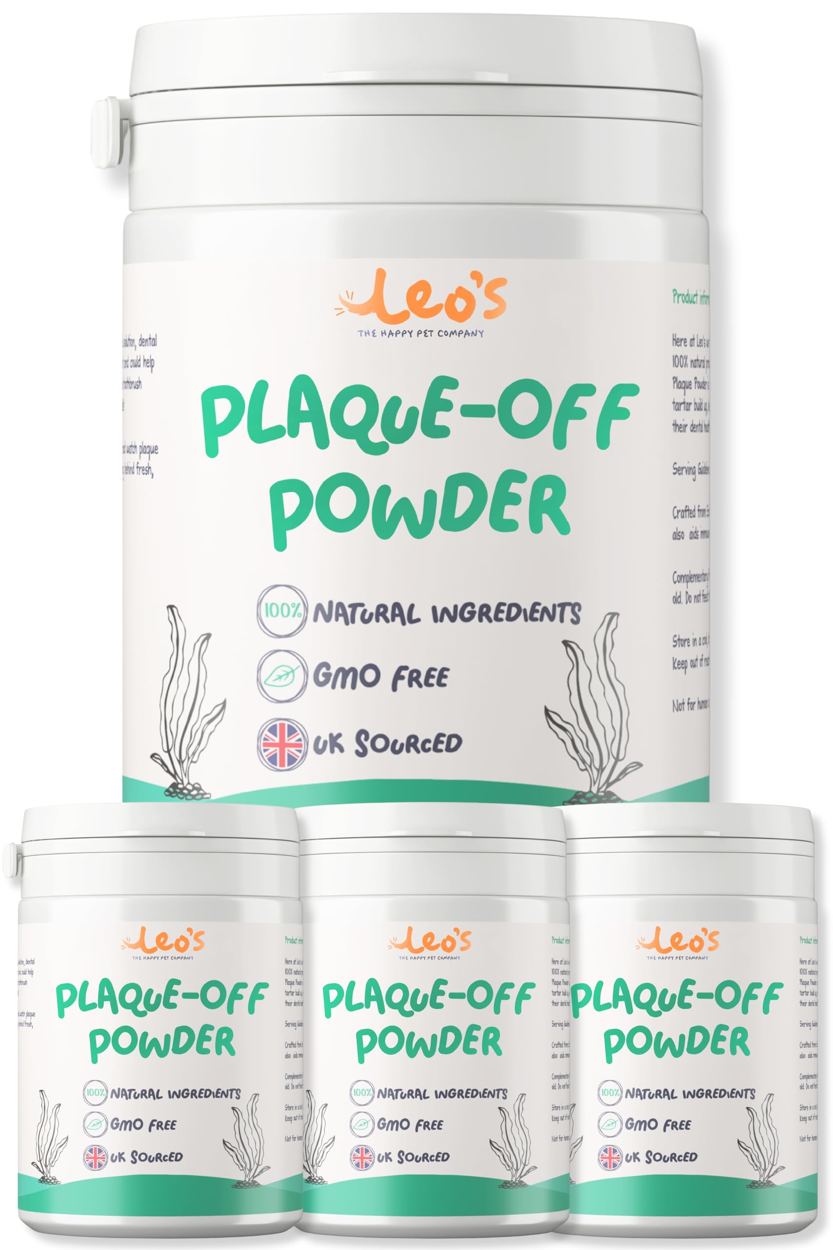 Leo's Plaque Off Powder for Dogs & Cats | 4 x 200g Pet Teeth Cleaning | Cat & Dog Breath Freshener Food Topper | 100% Natural | No Dog Toothbrush or Dog Toothpaste | Plaque Remover for Dogs & Cats