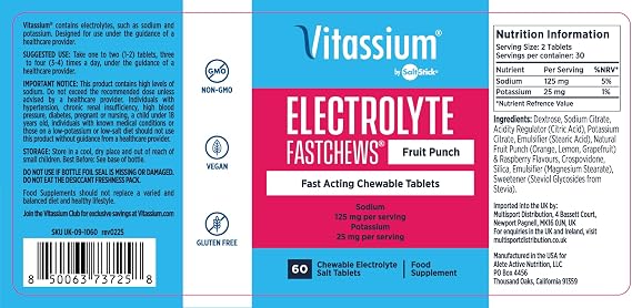 Vitassium FastChews, Chewable Electrolyte Tablets, Fast-Acting Sodium Tablets, Fruit Punch, 60 Count