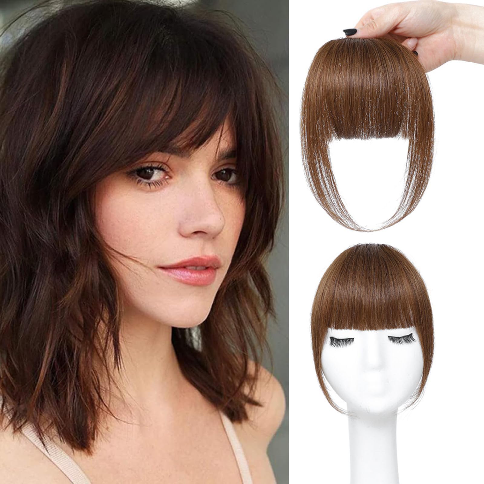 ELEFOCUS Clip in Bangs Real Human Hair Light Brown 100% Human Hair French Bangs Fake Bangs Hair Clip on bangs for women Fringe with Temples Hairpieces