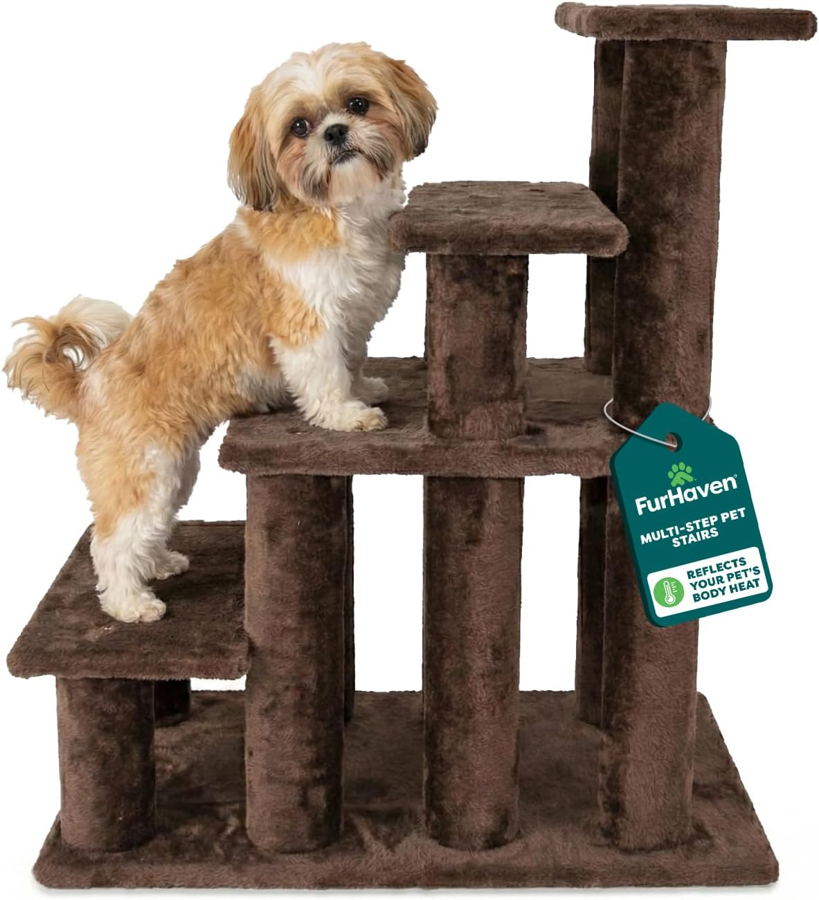 Furhaven Steady Paws Multi-Step Pet Stairs for High Beds & Sofas – Brown, 4-Step