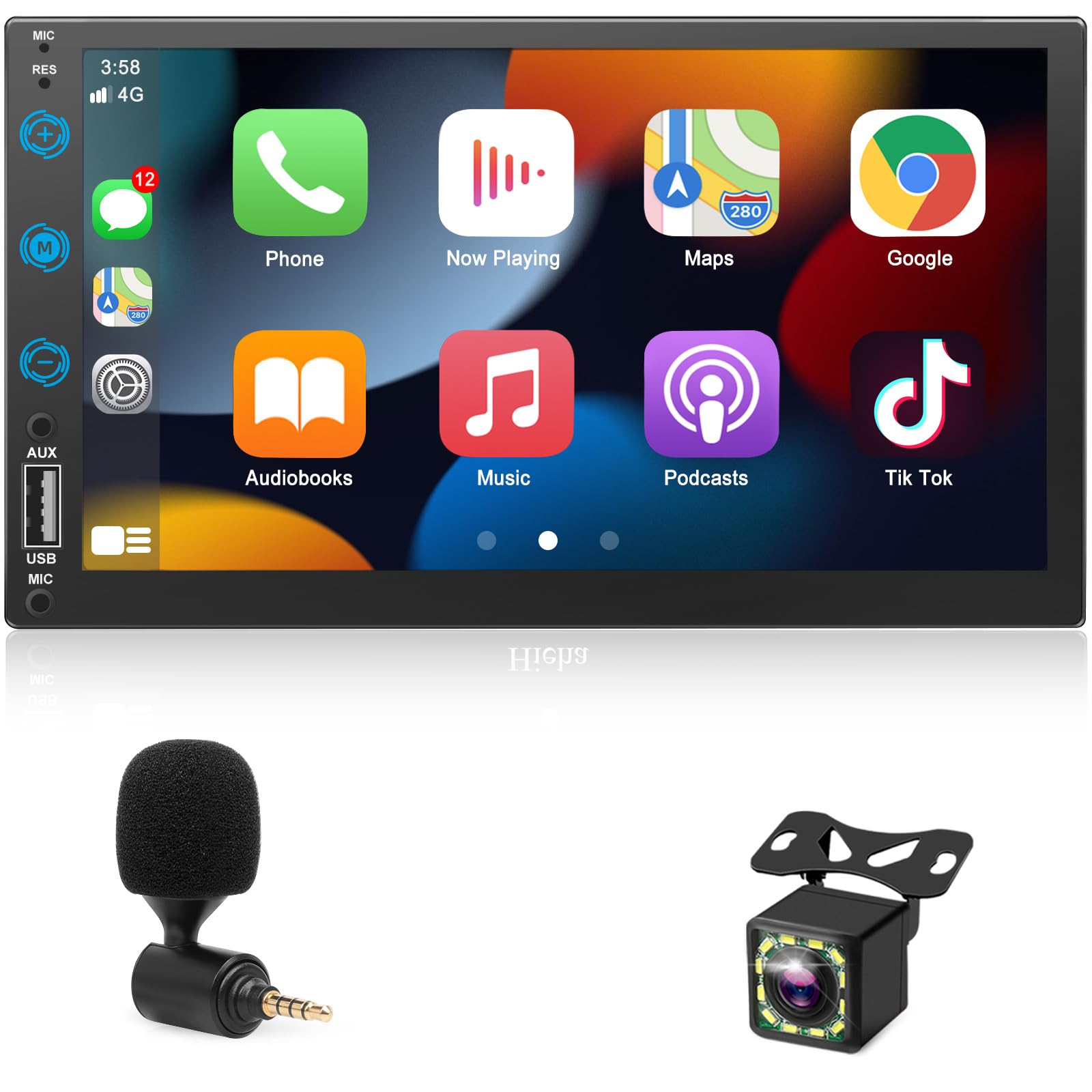 eleacc Car Stereo Compatible with Apple CarPlay, Double Din 7In Full Touch HD Capacitive Screen - Bluetooth, Backup Camera, Steering Wheel Controls, Subwoofer, Mirror Link, AM/FM Car Radio, H901