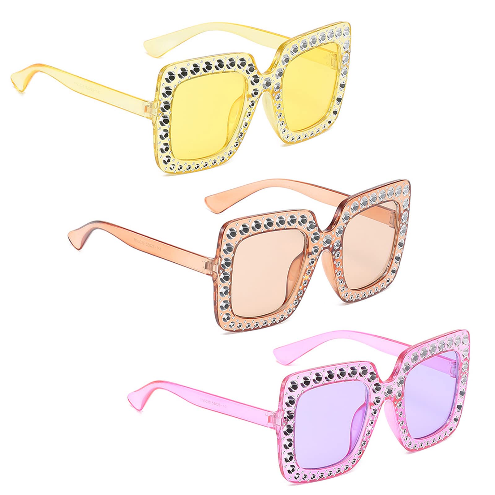 3 Pack Oversized Rectangle Rhinestone Sunglasses, Unisex Thick Frame Bling Diamond Sunglasses Sparkling Retro Sunglasses for Men Women Girls Dresses up Clothing Accessories
