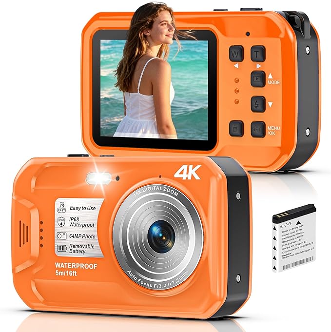 Underwater Camera Waterproof Camera 16 ft 4K 64MP Underwater Camera 16X Digital Zoom with a 32GB Card Anti Shake Digital Camera