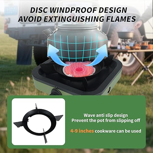 Miniatura 6 de Estufa portátil de campamento, estufa portátil de propano con manguera de gas, diseño cuadrado, verde militar y negro