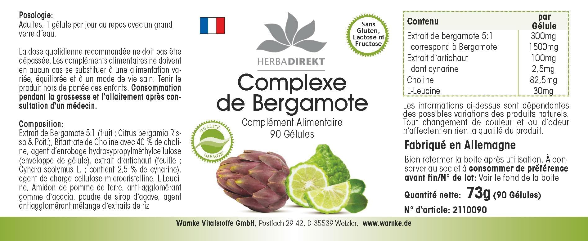 Complexe de Bergamote - 90 gélules avec artichaut et choline - fortement dosé - végan | Herba Direkt - Qualité des pharmacies allemandes