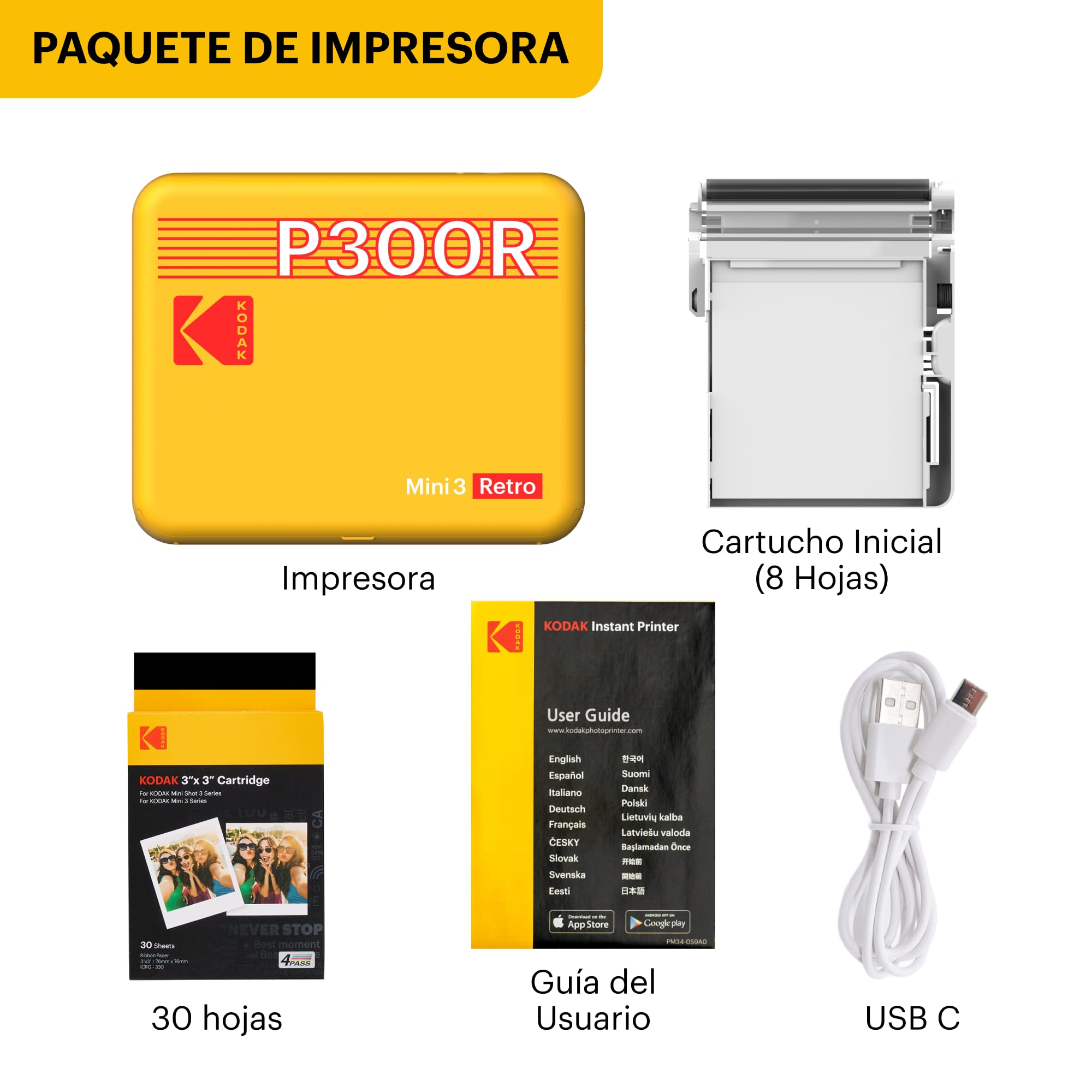 KODAK Mini 3 Retro Impresora Fotográfica Portátil 7,6 x 7,6 cm, 38 Hojas, Impresora Bluetooth para Smartphone iPhone & Android, Impresión Instantánea en Color, Sublimación 4PASS, Amarillo