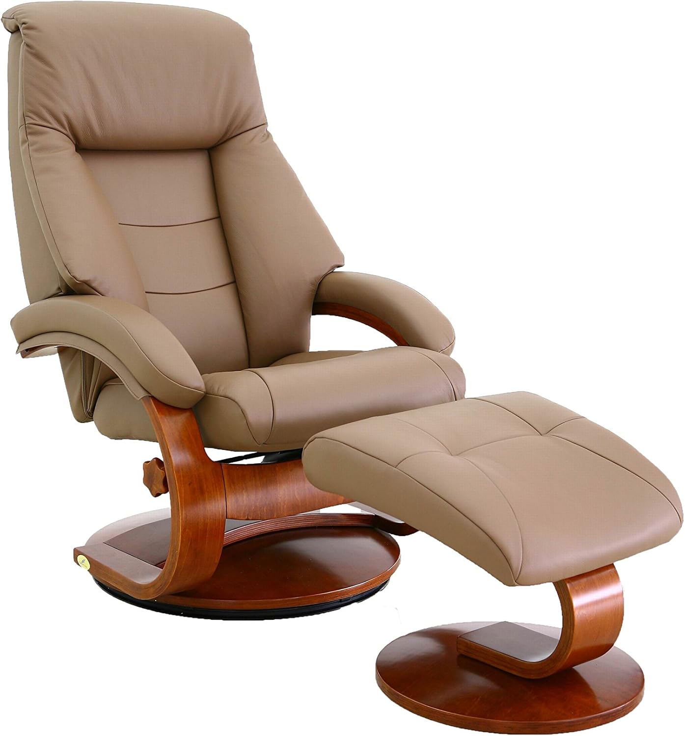 Sand Top Grain Leather Swivel Recliner with Walnut Base
