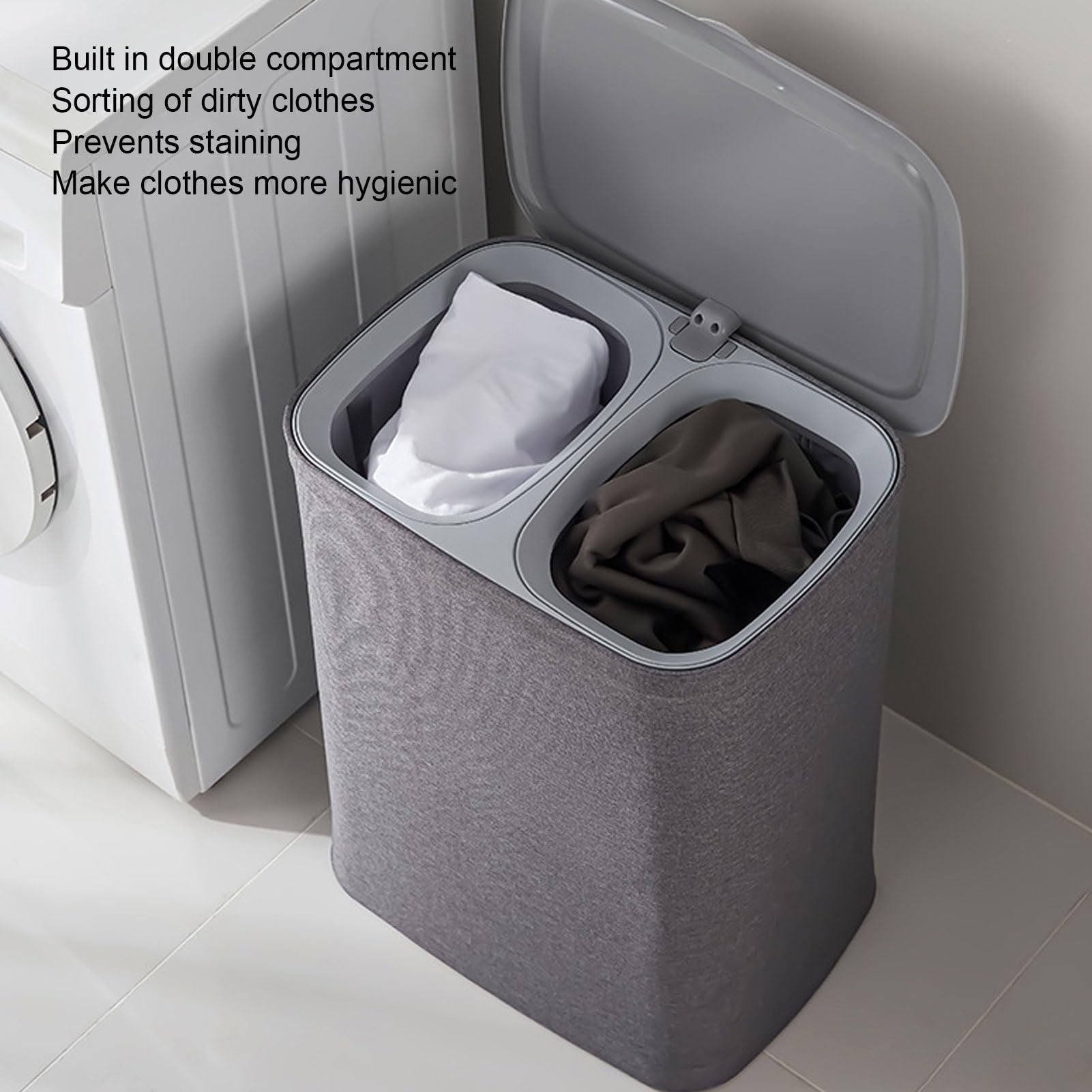 Cesto per la Biancheria con Manici Sacchetti Staccabili a Doppio Scomparto Cesto per Vestiti in Tessuto con Coperchio Telaio in Acciaio Inossidabile per Bagno Ripostiglio (S 50L)
