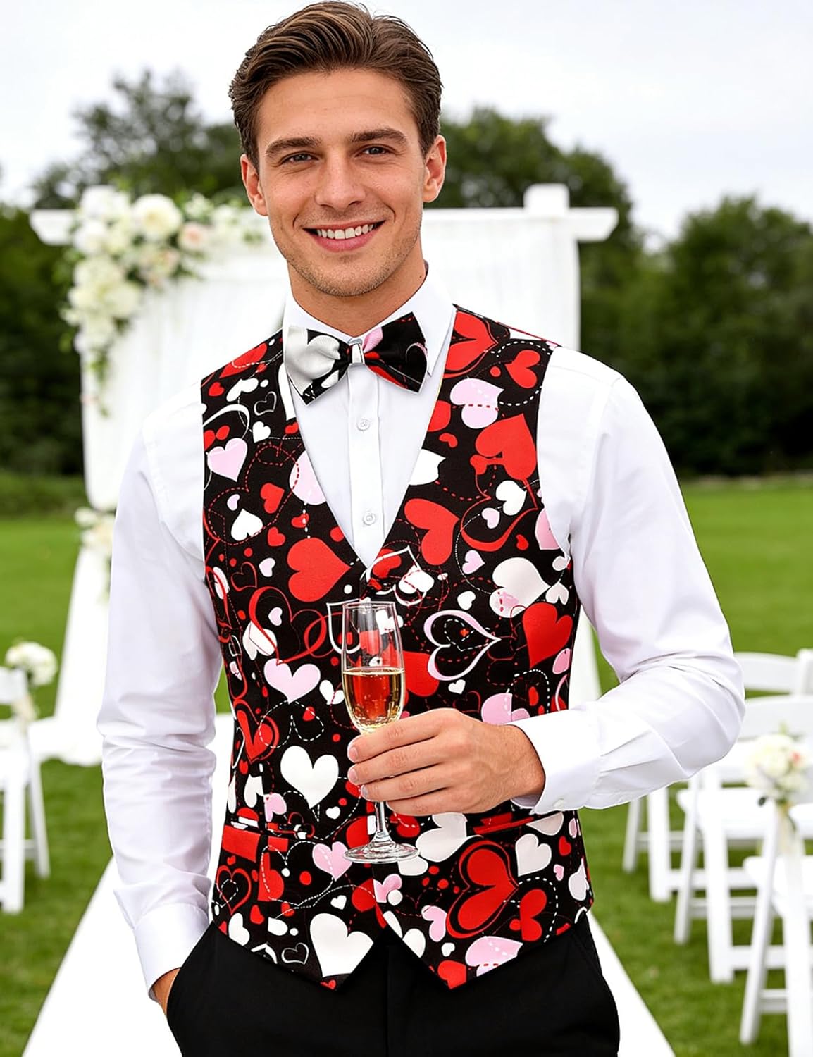Roseelf Mens Holiday Waistcoat V-Neck Suit Vest with Bowtie - Image 3