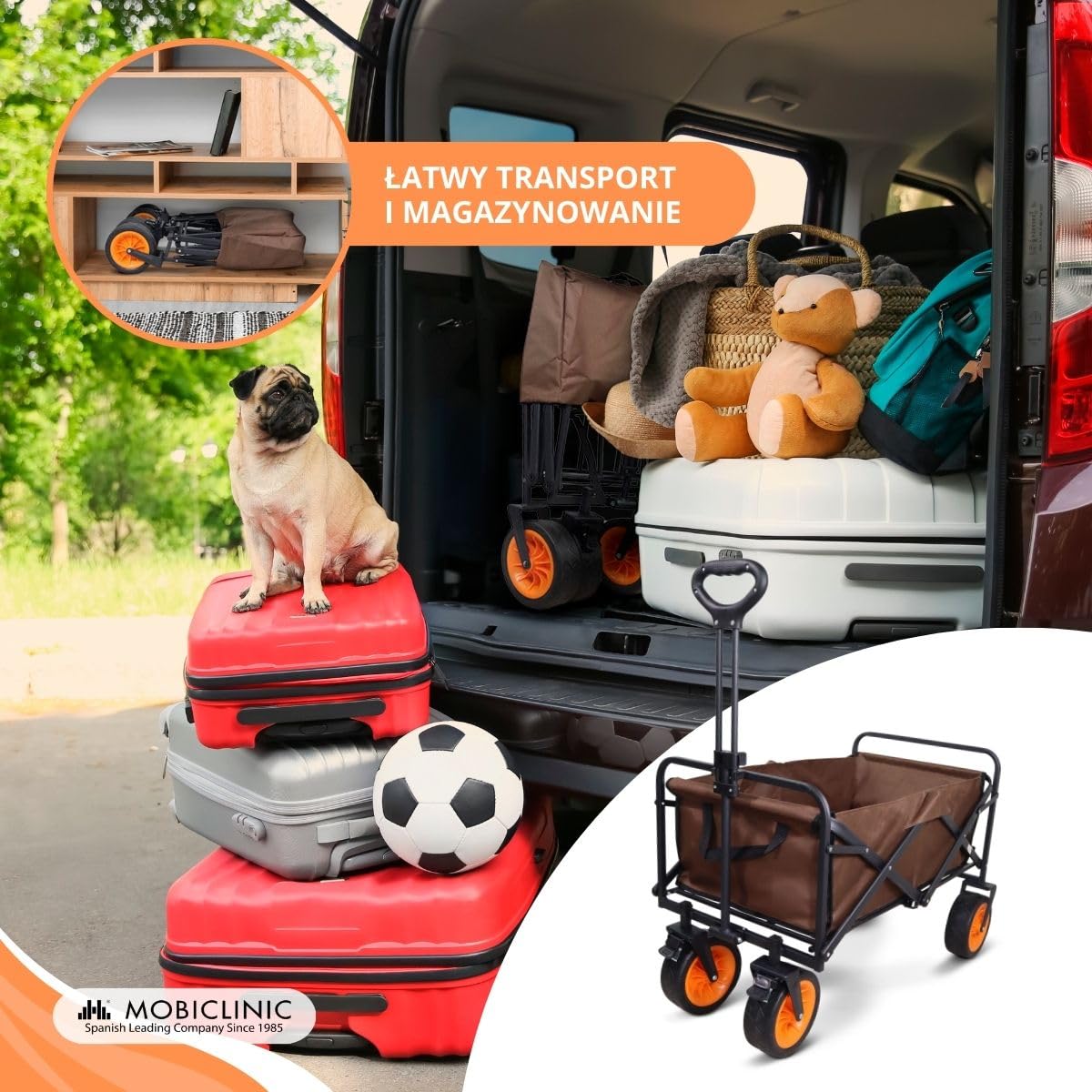 Mobiclinic®, Składany wózek transportowy, Na plażę i do ogrodu, Duna pro plus, Regulowana rączka, Duże 360º terenowe koł, Dodatkowe kieszenie, 100 kg, 94x56, 5x61cm, Wodoodporny, Czerwony