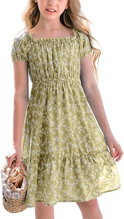 Girls Summer Dress Kids Floral Puff Sleeve Smocked Midi Dresses | A-Line, Square Neck, Beach Vacation Dress for Girls, 5-14 Years