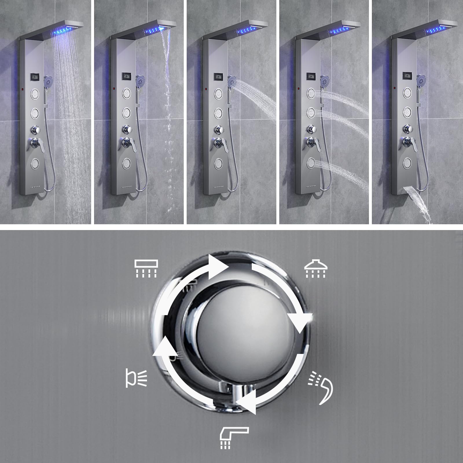 Auralum Colonne de Douche avec Lumière LED, Panneau Mural Douche Acier Inox Multifonction avec LCD, Colonne de Douche Hydromassante 3 Jets de Massage Salle de Bain