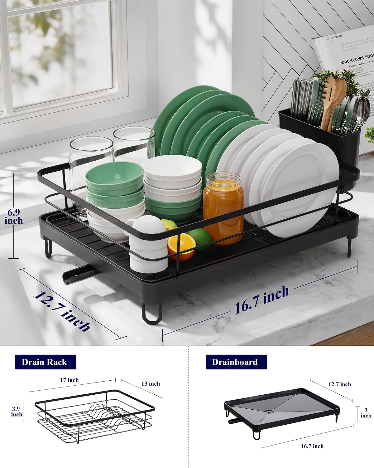 Kitsure Dish Drying Rack for Kitchen Counter, 12.7''W x 16.7''L, Black image 3