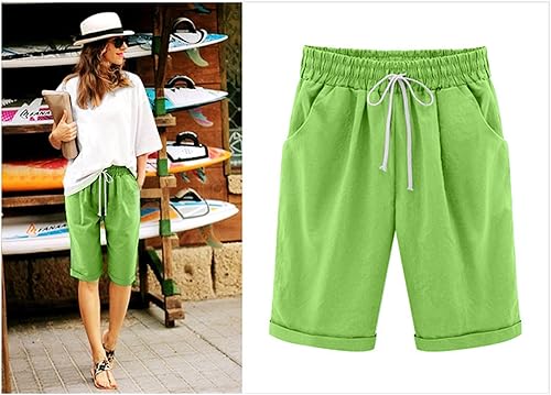 Miniatura 4 de Hvyesh Bermuda Shorts for Women Knee Length Plus Size Casual Summer Loose Fit Cotton Shorts Elastic Waist Shorts with Pockets