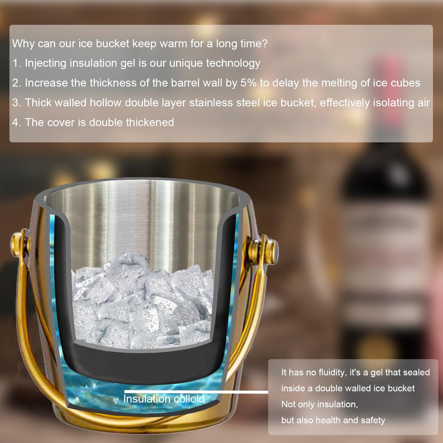 Cubitera De Champán Con Tapa Cuchara, Para Barra Vino, Congelador, Cubo Hielo Soporte Asa Transporte, Acero Inoxidable Fiestas, Bares, Hogar, Dorado, 2 L