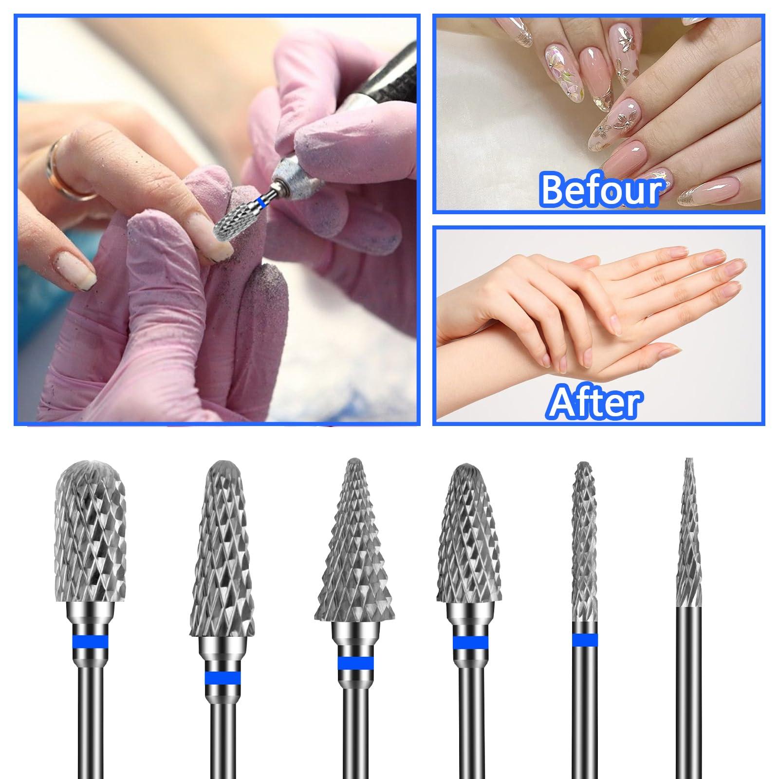 TOSAVGA 6 Pezzi Punte Fresa Unghie, Punte Fresa Unghie Professionale, 3/32 Pollici Punte per Fresa Unghie di Tungsteno, Punte Fresa per Unghie Manicure - per Rimuovere Gel Acrilico Cuticola