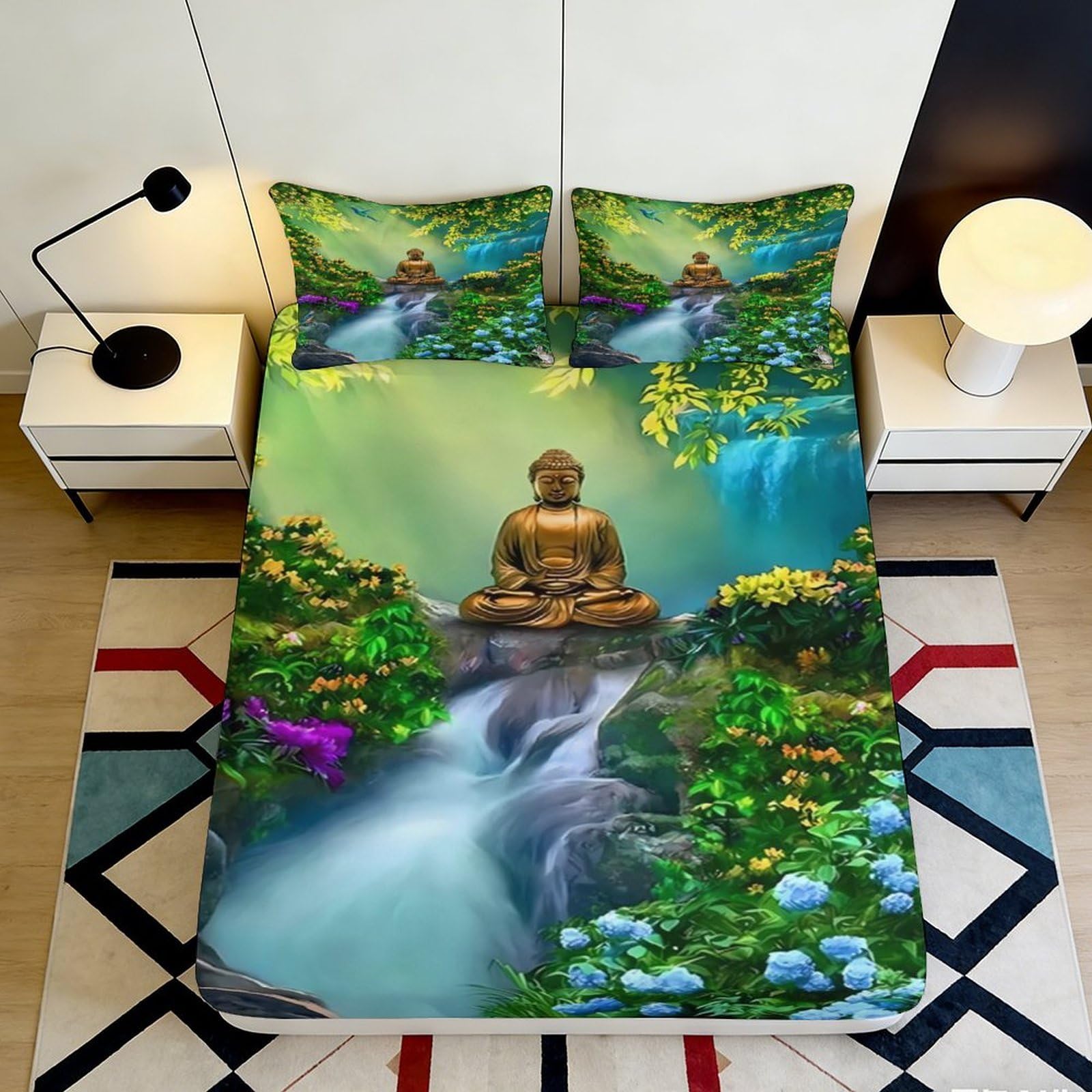Uxinyoume Style-7 3D Printed Buddha Serenity Fitted Sheet Microfiber Calm Waterfall Bed Cover For Bedroom Guestroom Decor Washable 90X200x25cm