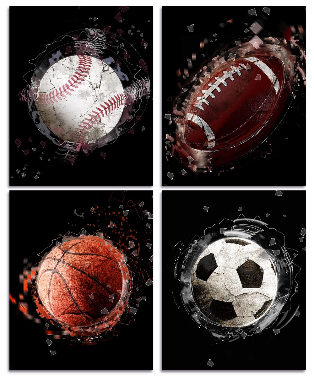 EZOSUN Sports Themed Wall Art Print, Basketball Baseball Soccer Football Decor poster,Wall Art Decor for boys Bedroom, Set of 4, 8x10 in. (black)