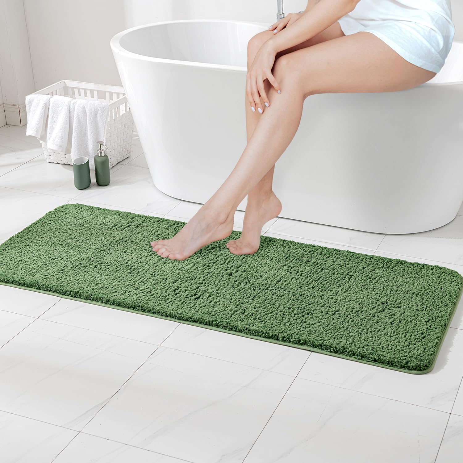 MIULEE Moss Green Bathroom Runner Rugs, Soft Absorbent Microfiber Long Bath Rugs Non Slip Quick Dry Fluffy Bath Mats for Bathroom Floor, Machine