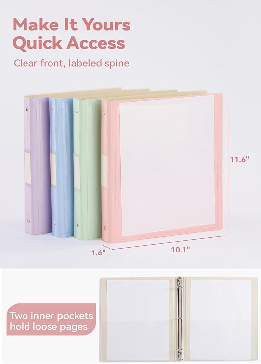 SortRax 6 Pack Pastel Pocket Folders for 3 Ring Binder & 4 Pack 1 Inch Binders 3 Ring