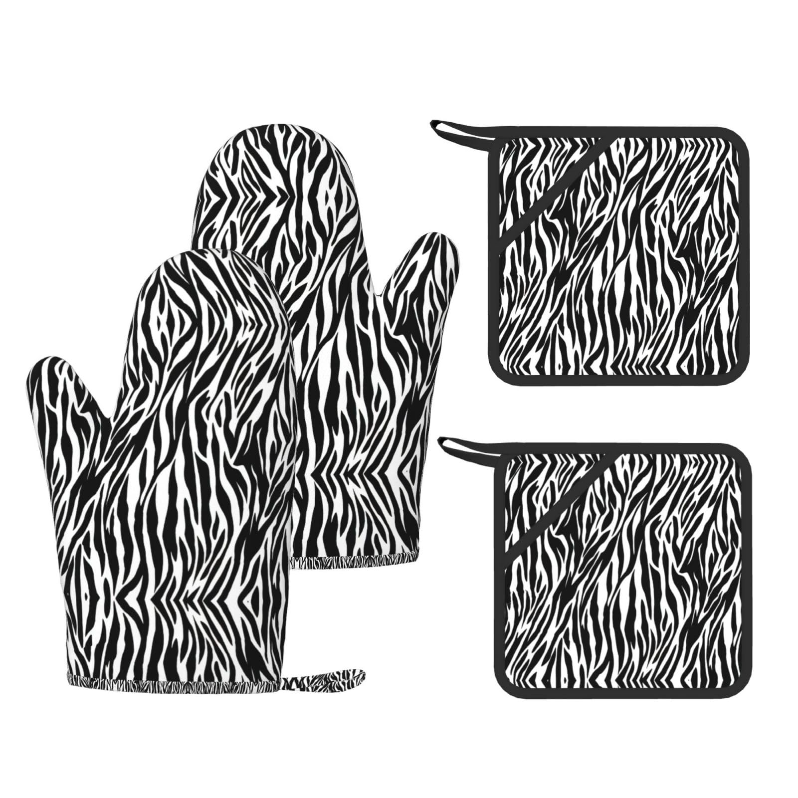 Zebra Print Printed Cooking Mitts and Pot Holders 4 Pcs, Heat Resistant Oven Gloves with Hanging Loop Chef