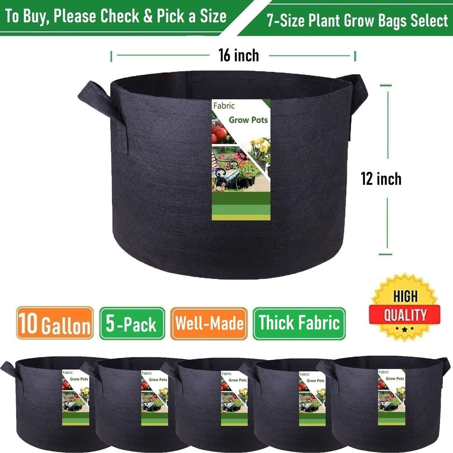 Paquete de 5 bolsas de cultivo resistentes de 10 galones (16 x 12 pulgadas), macetas de tela gruesa para tomates, macetas de patatas, macetas, bolsas para plantas de hierbas, bolsa de verduras, maceta