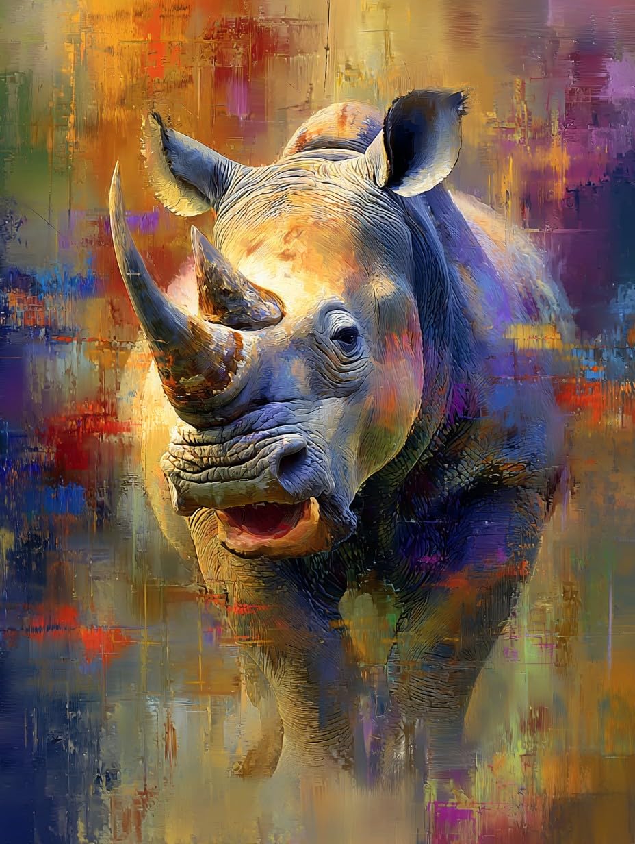 WANGWANGMIAO Paint by Numbers Kits 40x50 cm Colorful Rhinoceros colorsCanvas DIY Acrylic Painting for Adults with Paints Brushes and Card Sized Magnifier，with Frame