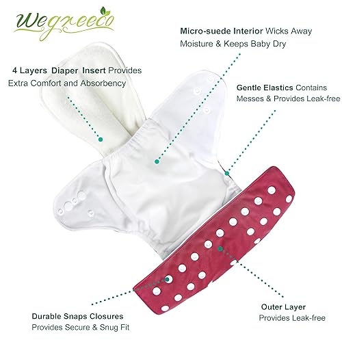 Miniatura 2 de wegreeco Pañales de tela, paquete de 6 con 6 rellenos y 1 bolsa para húmedos, pañales de tela lavables para bebés, talla única ajustable y