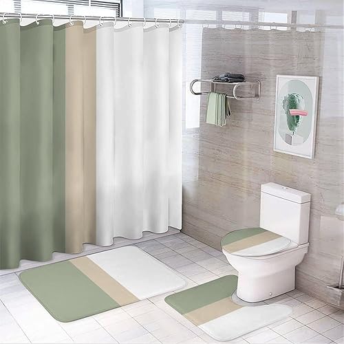 Juego de 4 cortinas de ducha modernas, color verde, beige y blanco, con alfombras de baño antideslizantes, cubierta para tapa de inodoro y tapete en