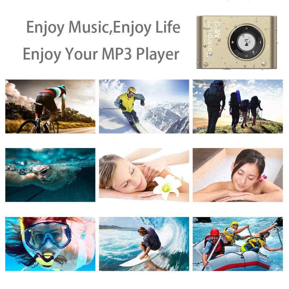 Lecteur MP3 étanche IPX8 intégré 8 Go pour sport, natation, course, plongée, surf, musique avec radio FM et fonction Shuffle Casque Hi-Fi (doré)